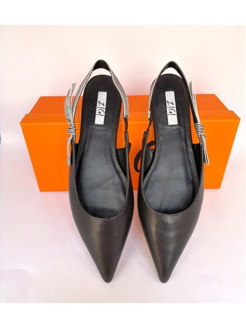 Zigi Compete Black Leather Slingback Flats Pointed Toe Bow Detail Size 9